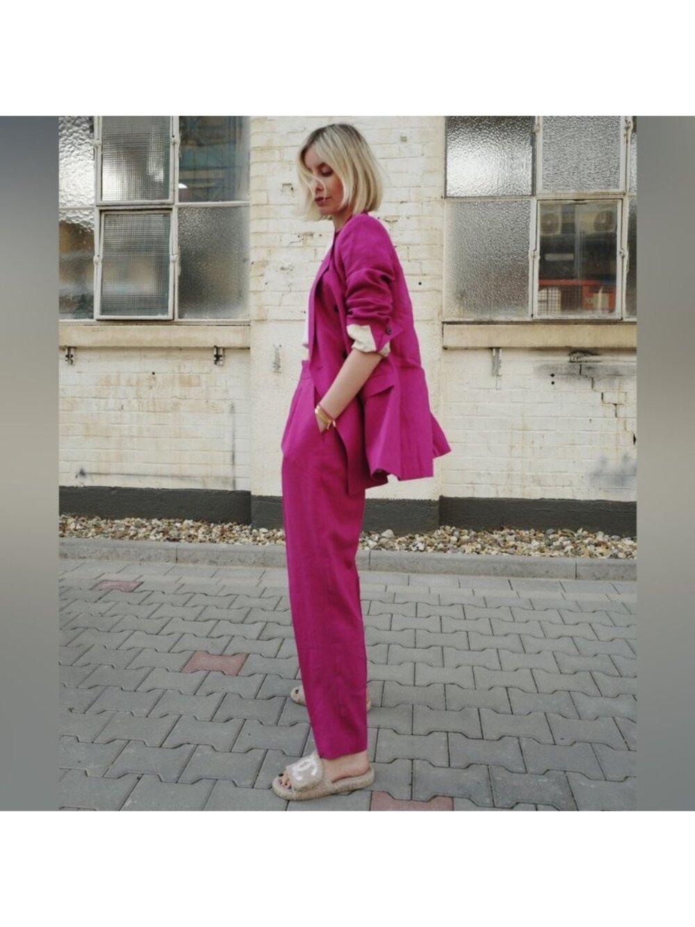 Theory Hot Pink Linen Suit Set Double Breasted Blazer & Trousers 6 - Picture 3 of 15